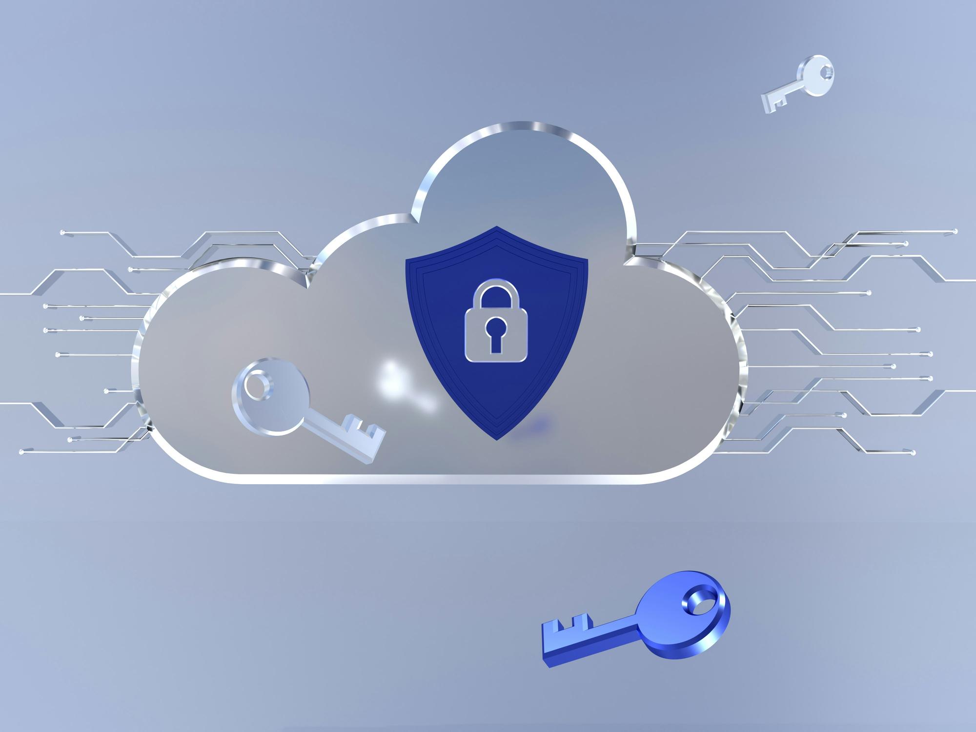 Cloud security illustration with a lock shield and encryption keys representing data protection and compliance.