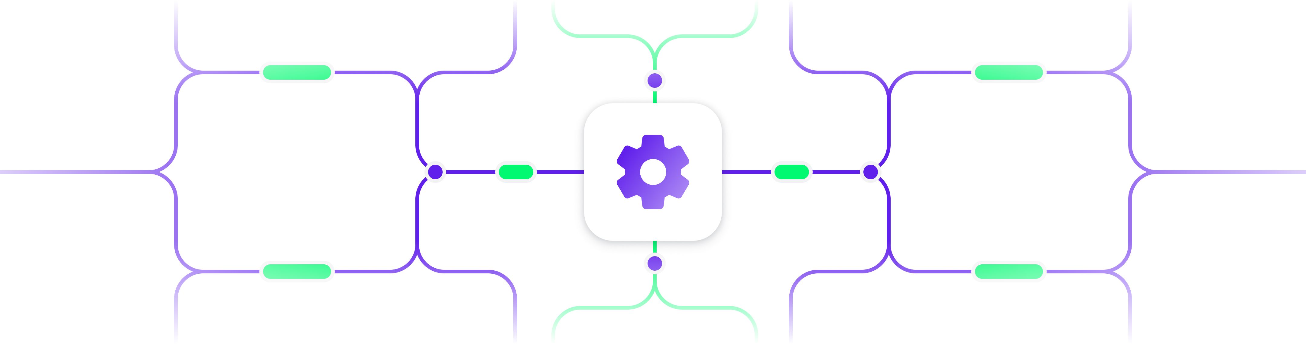 Illustration of workflow automation with connected systems and central gear icon, symbolizing SaaS team integrations.