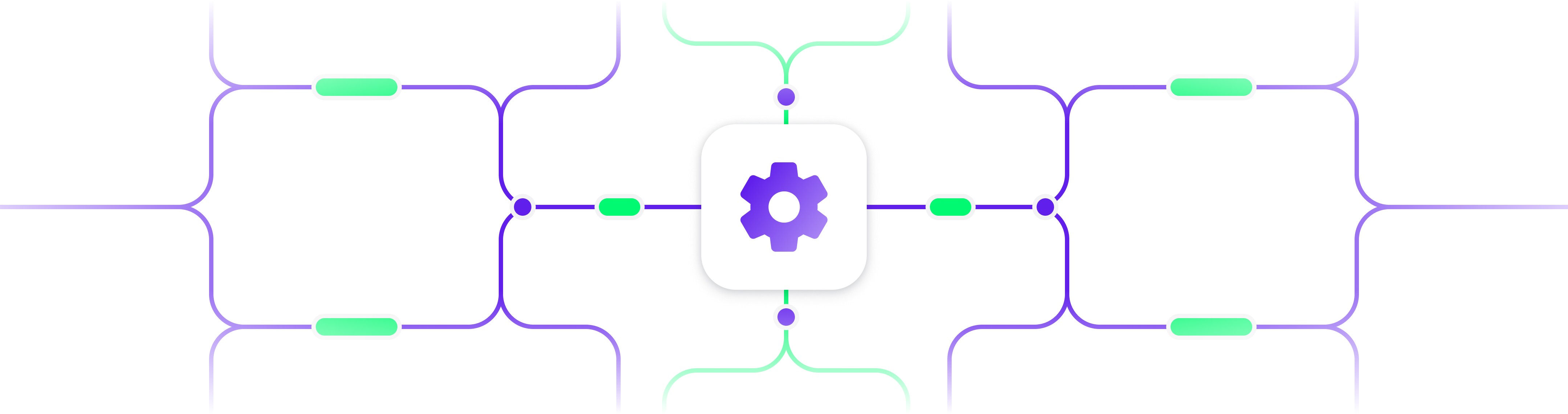 Illustration of workflow automation with connected systems and central gear icon, symbolizing SaaS team integrations.