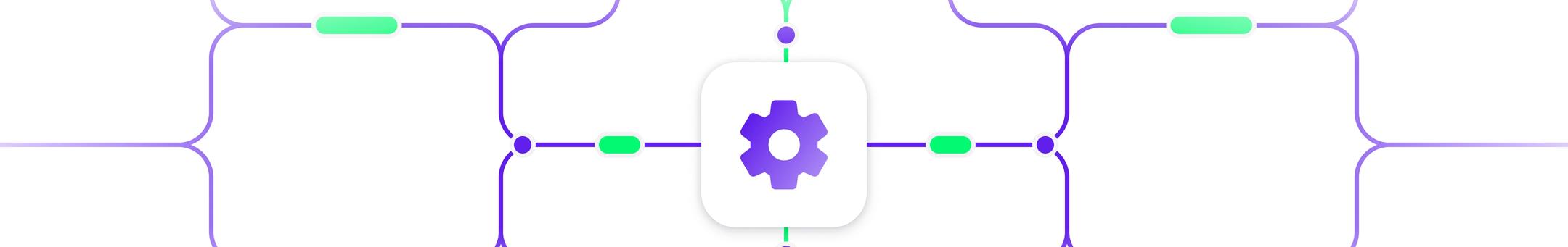 Abstract illustration of a central gear icon with connected lines, representing system integration and workflow automation.
