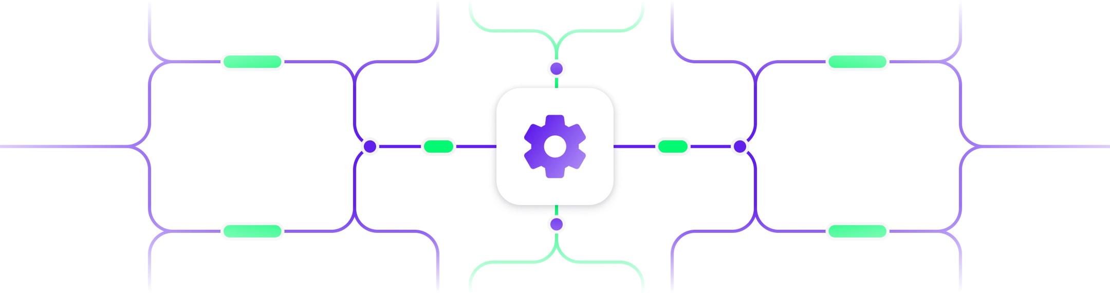 Illustration of workflow automation with connected systems and central gear icon, symbolizing SaaS team integrations.