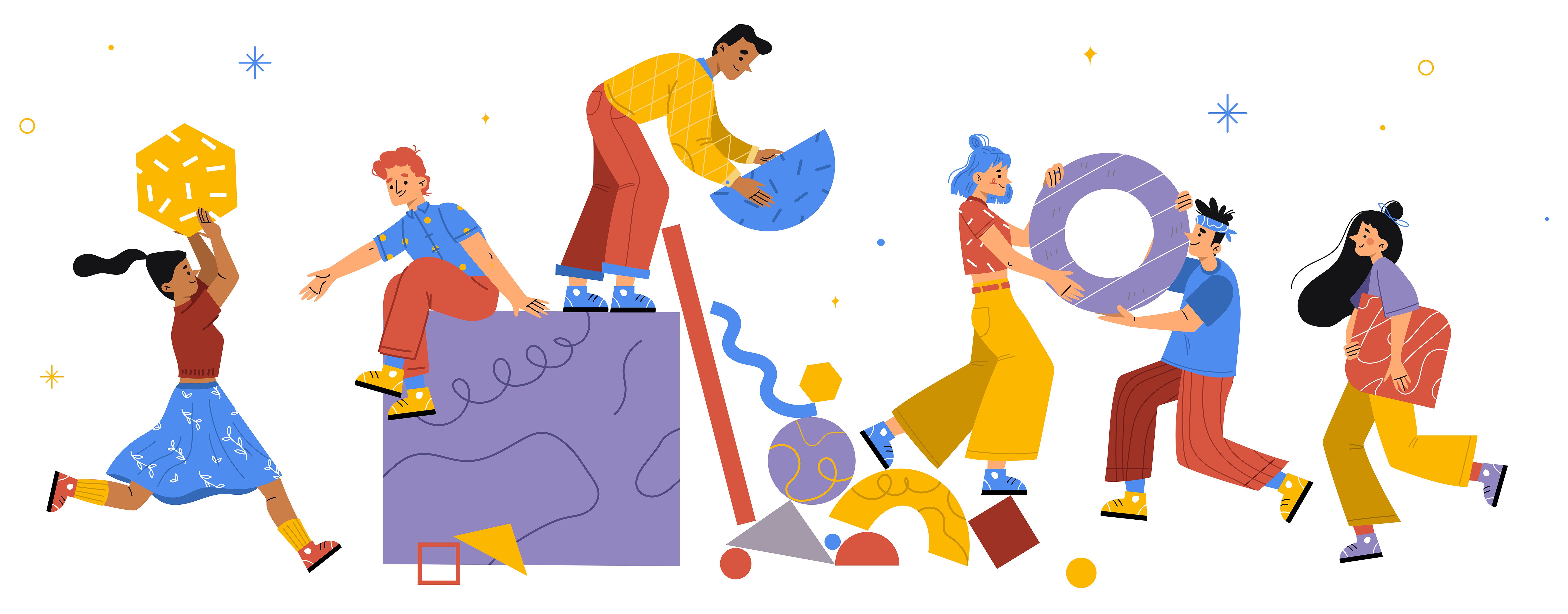 Illustration of diverse people collaborating with abstract geometric objects, symbolizing teamwork, creativity, and problem-solving.