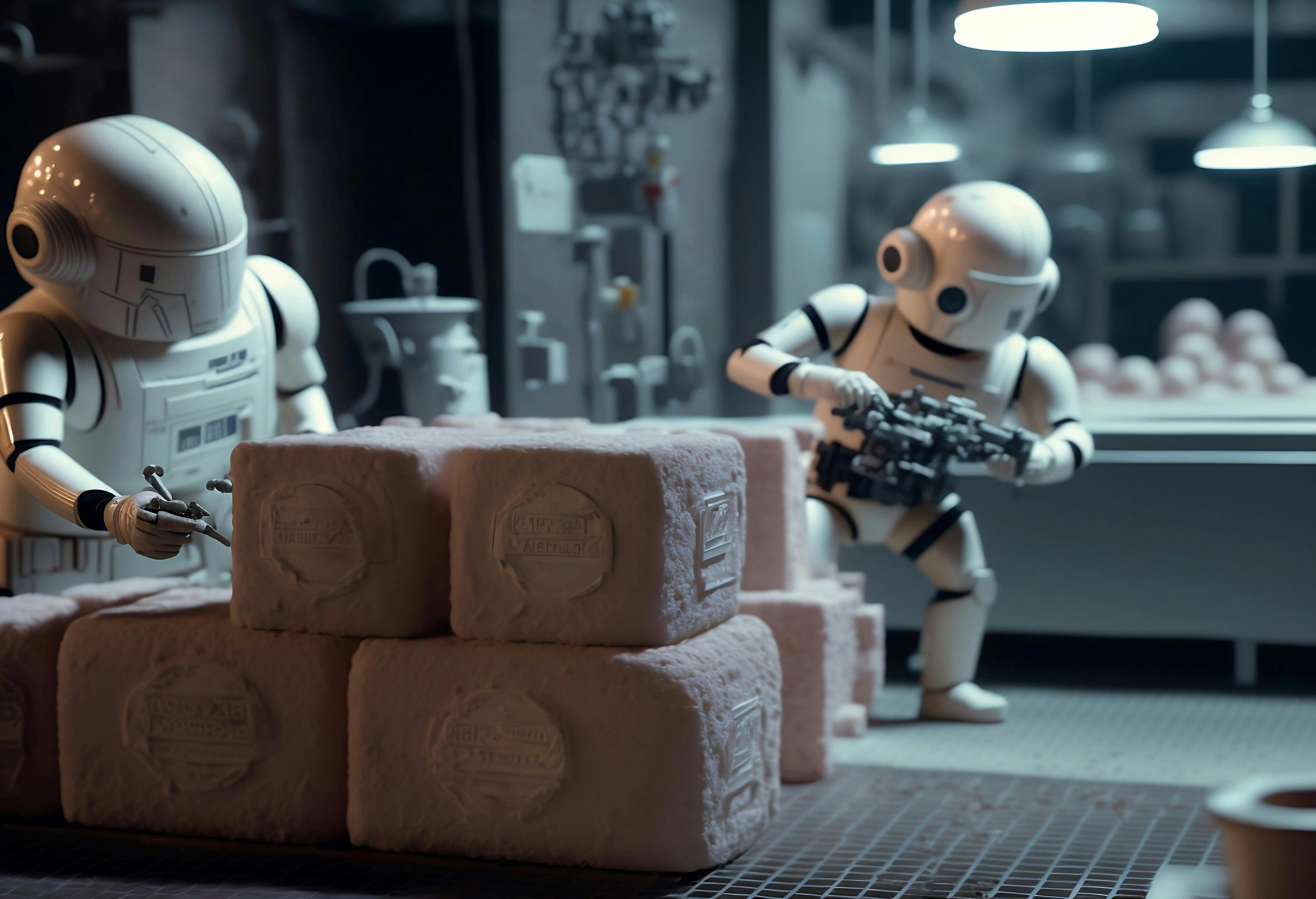 Humanoid robots stacking blocks in an automated factory environment.