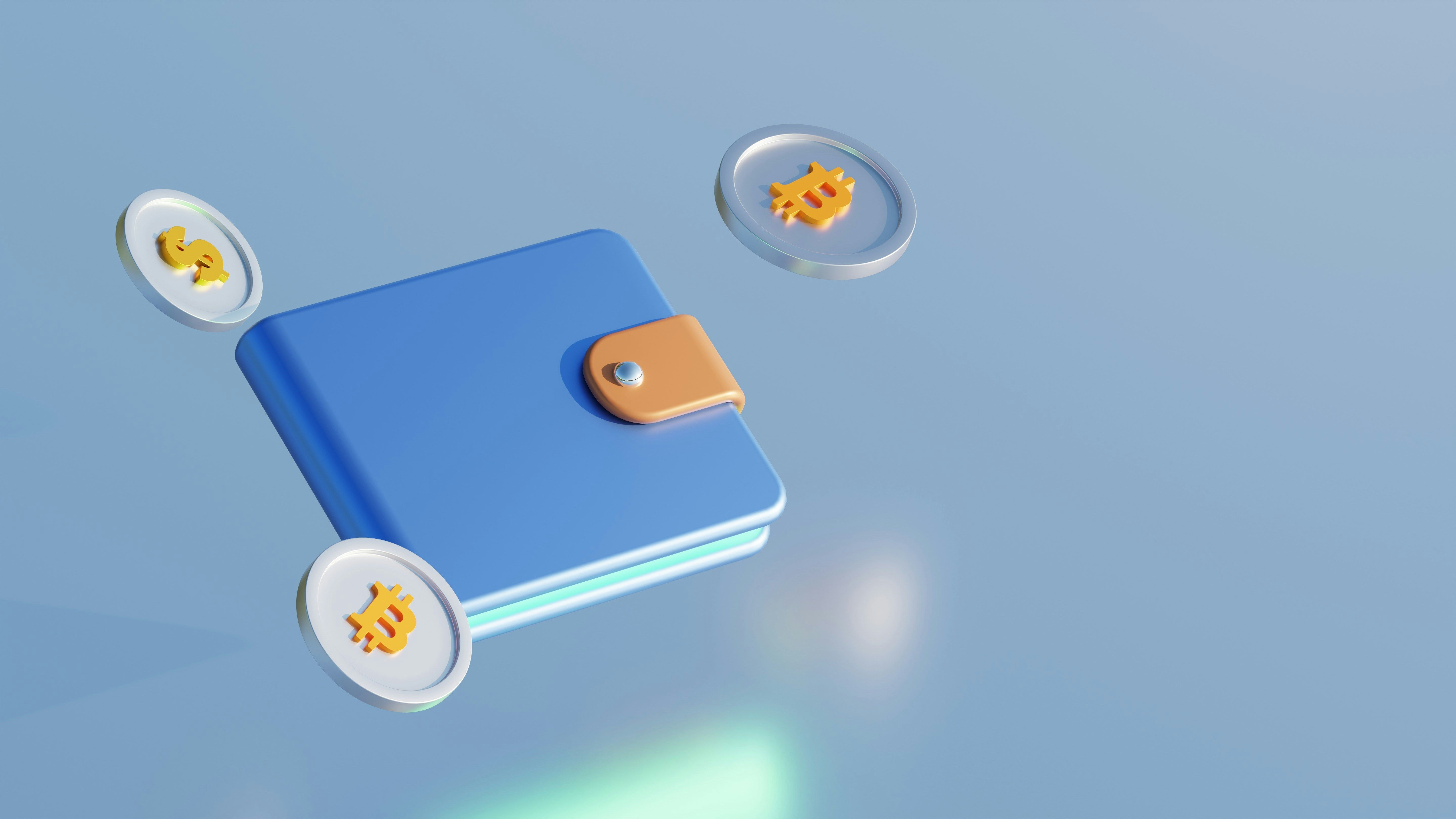 3D illustration of a digital crypto wallet with floating cryptocurrency coins.