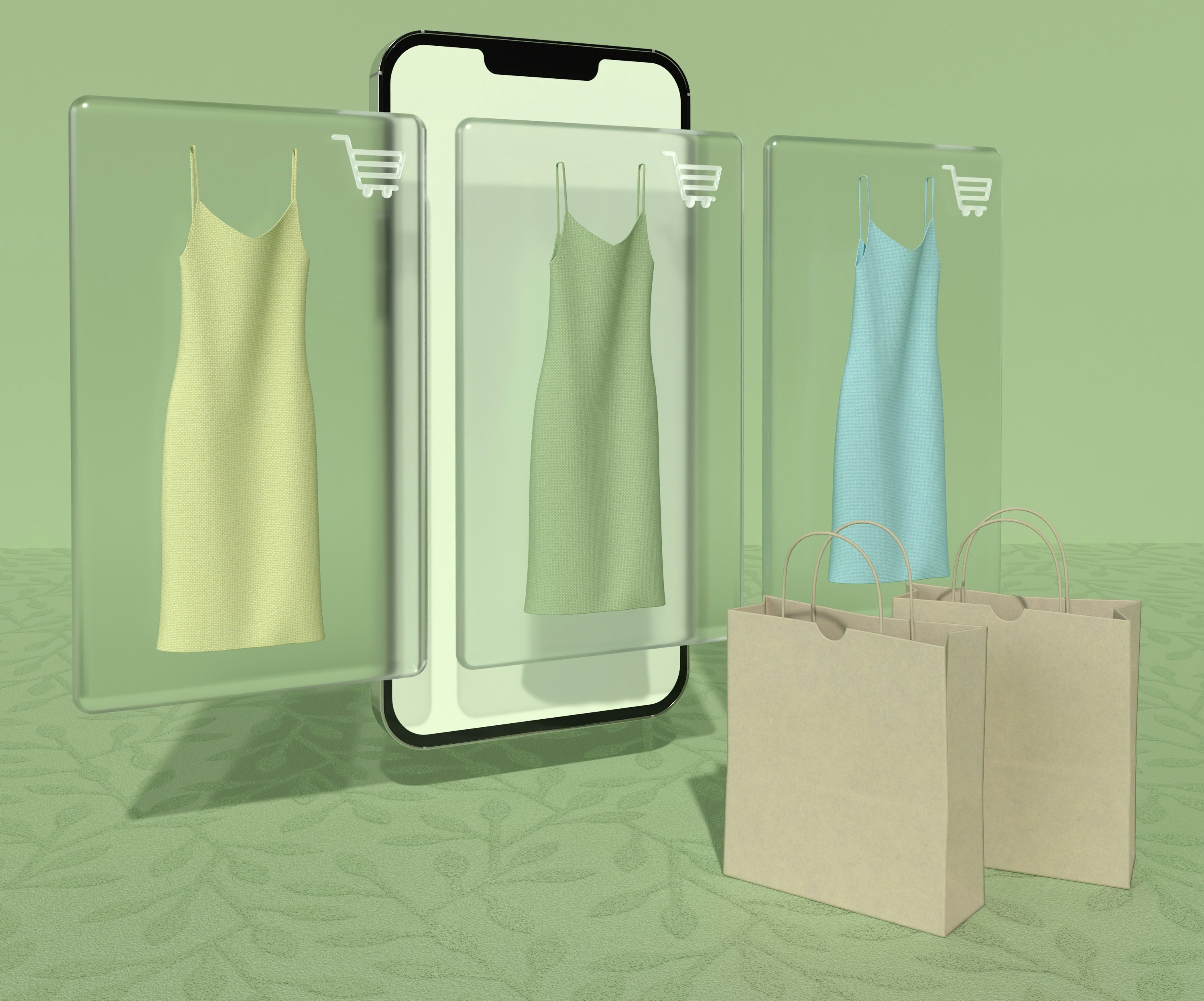 Digital shopping concept with dresses displayed on a smartphone screen and shopping bags in front.