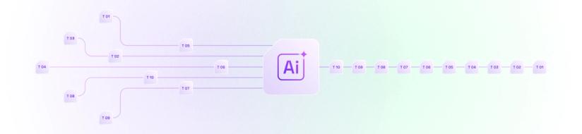 Flow of multiple data streams merging into an AI system, symbolizing analytics and automation.