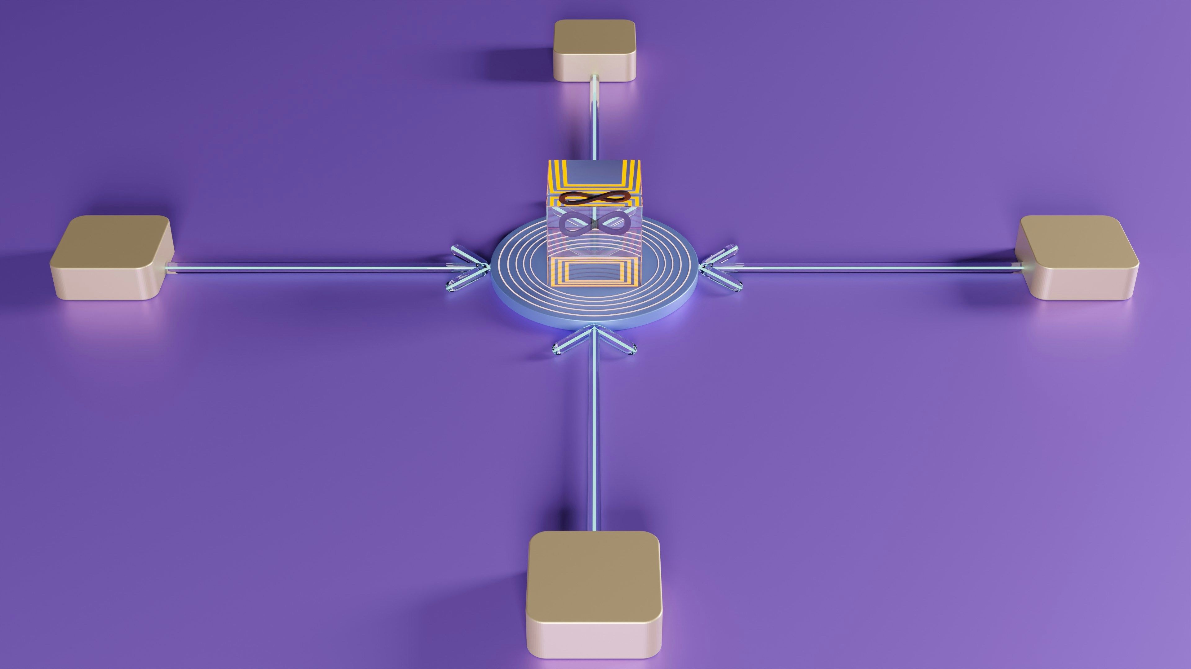 3D illustration of a central hub connected to multiple blocks, representing MVP system architecture and data flow.