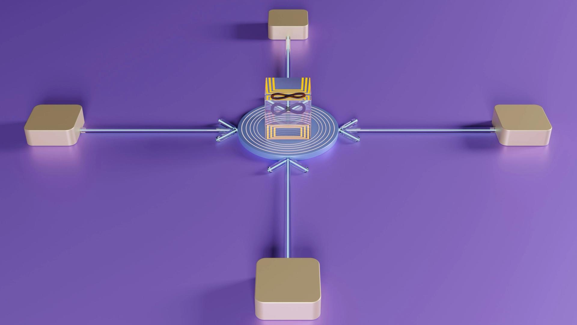 3D illustration of a central hub connected to multiple blocks, representing MVP system architecture and data flow.