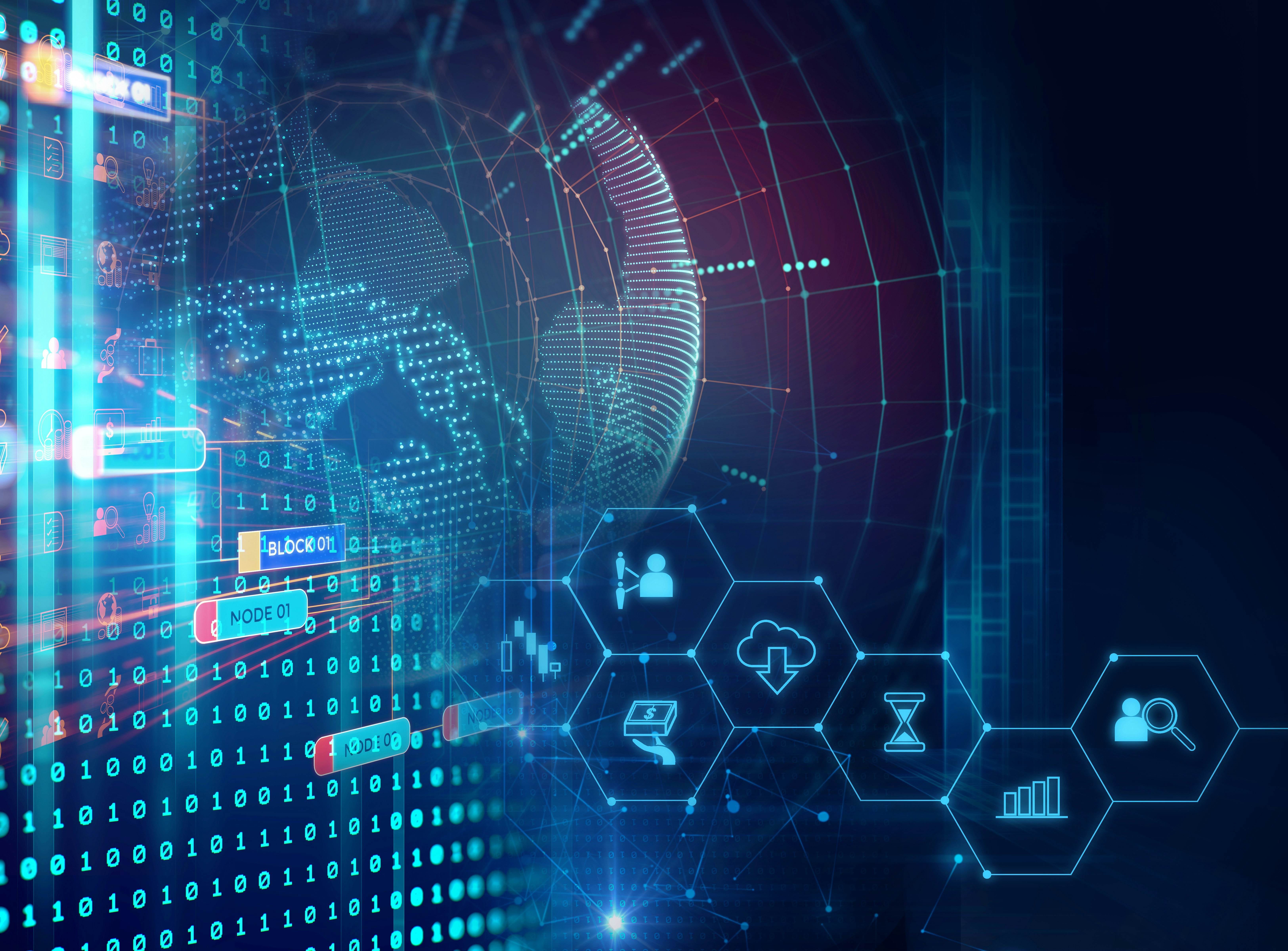 Digital interface with cloud computing icons and binary code overlay