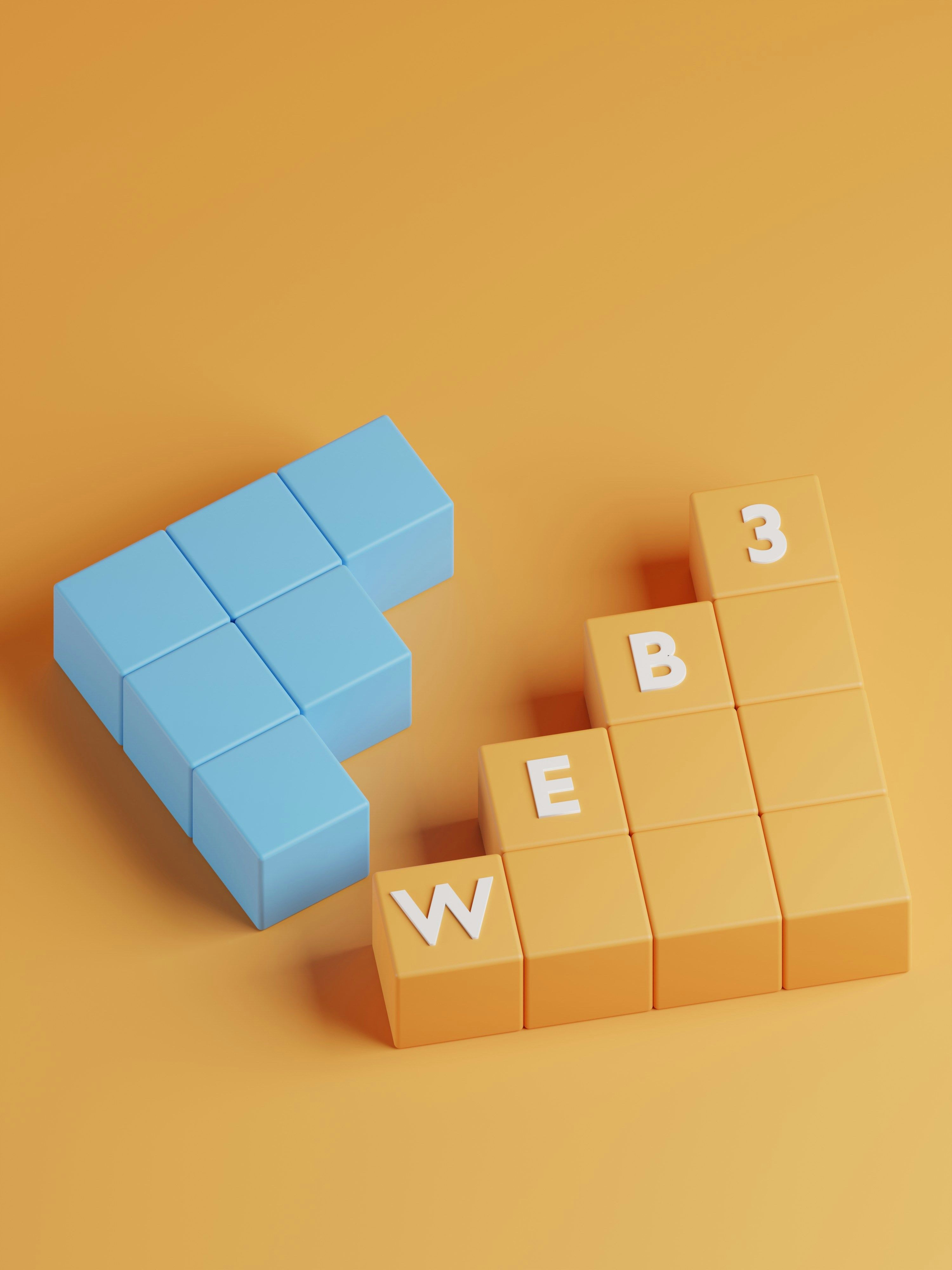 3D blocks arranged in steps with the word “WEB3,” symbolizing blockchain and decentralized technology.