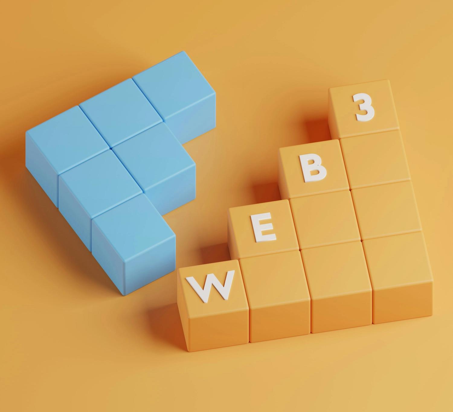 3D blocks arranged in steps with the word “WEB3,” symbolizing blockchain and decentralized technology.