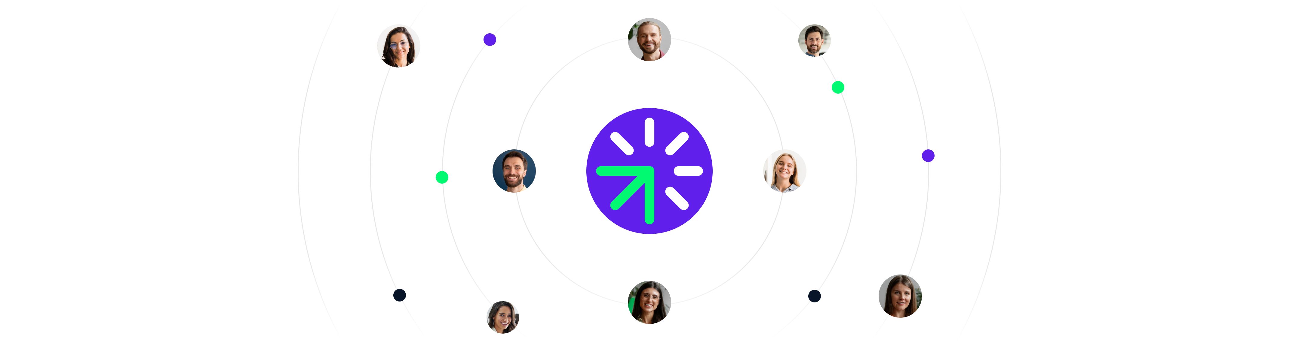 Illustration of a central purple Web3 icon with connecting circular nodes and profile photos, symbolizing decentralized networks and collaboration.
