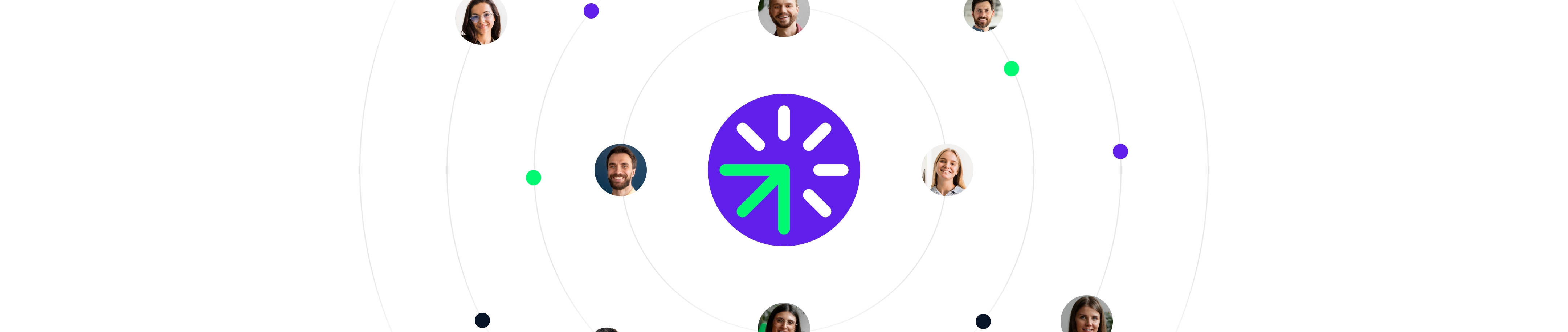 Illustration of a central purple and green Web3 symbol with connected profile photos in a circular network.