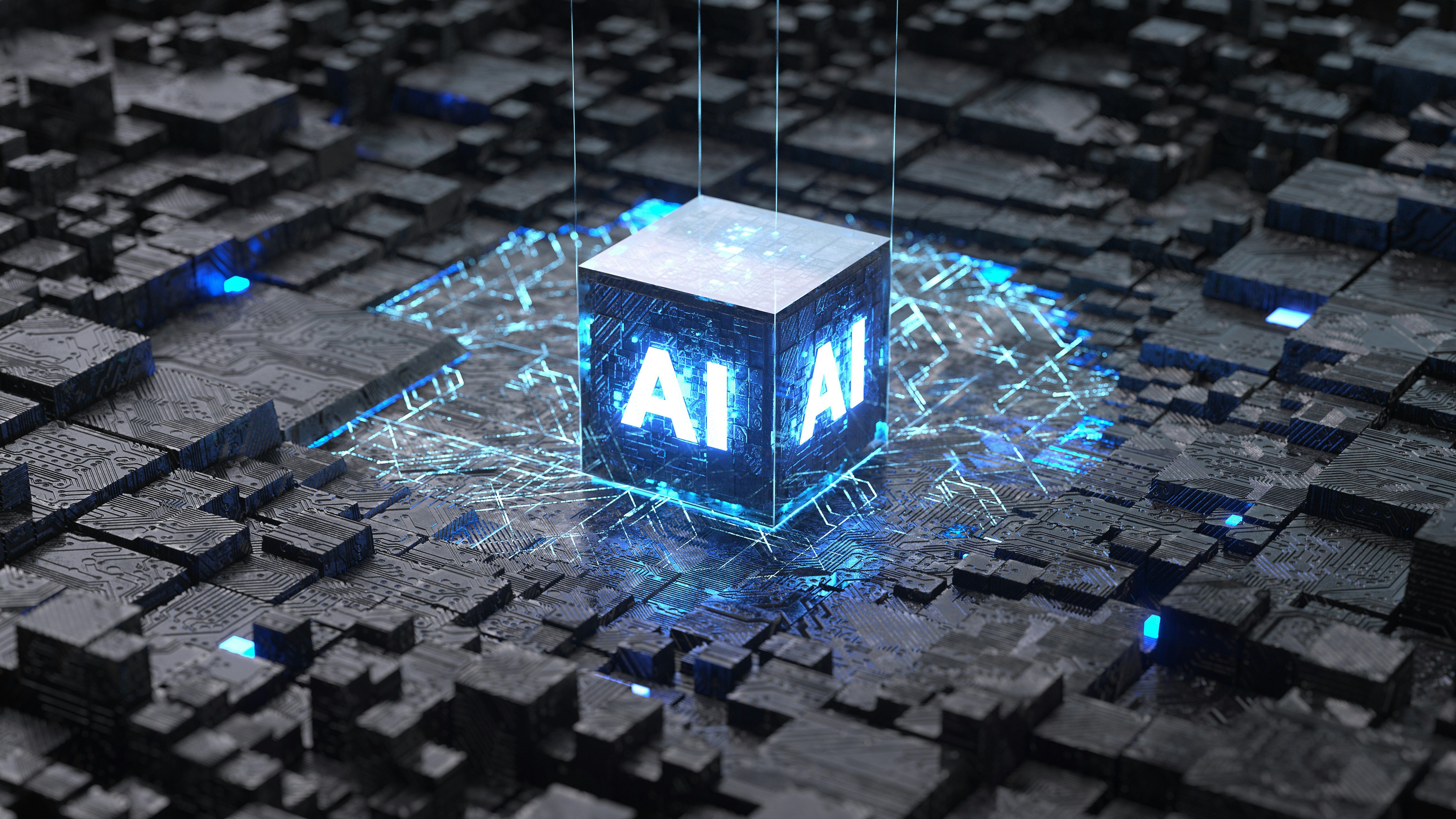 3D cube with glowing AI letters symbolizing artificial intelligence technology.