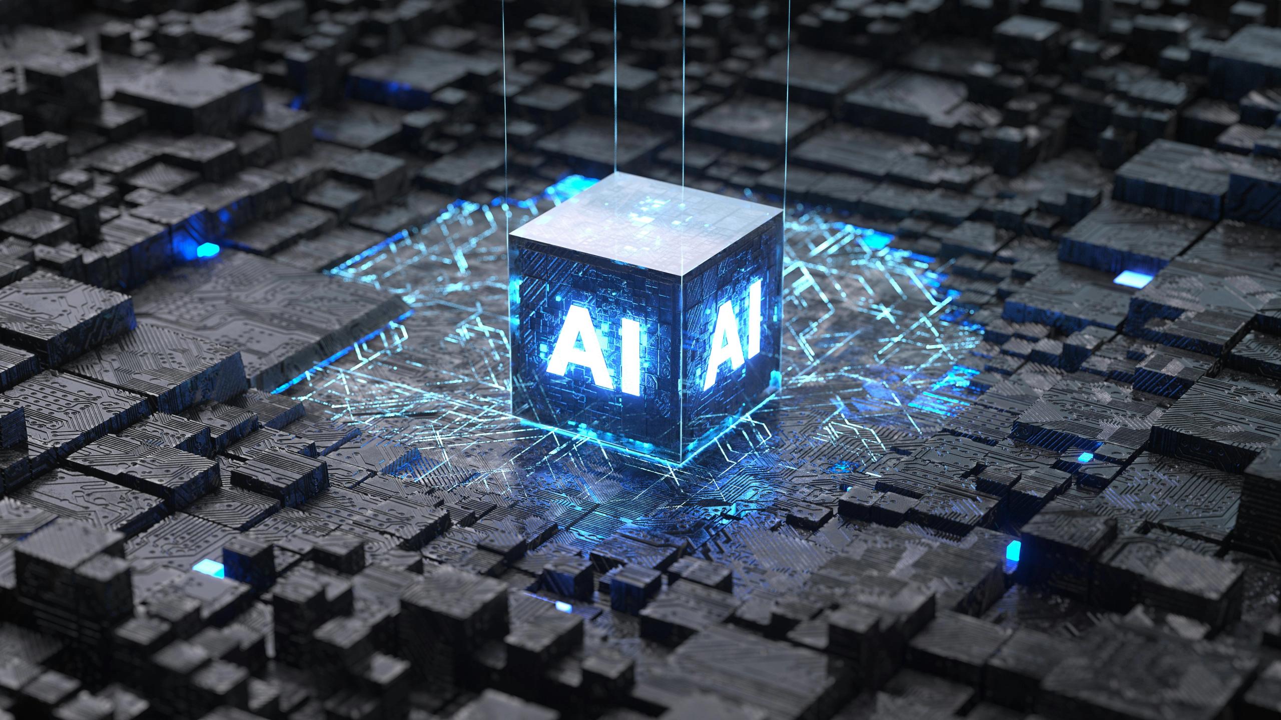 3D cube with glowing AI letters symbolizing artificial intelligence technology.