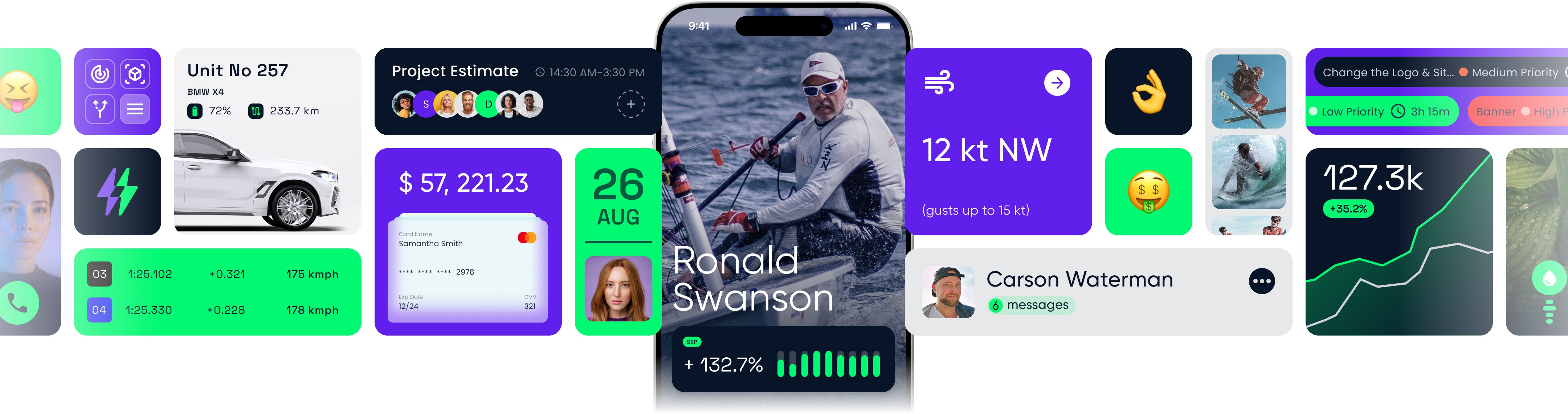 Mobile app and dashboard UI mockups displaying finance stats, calendar date, and a profile card with a man rowing.
