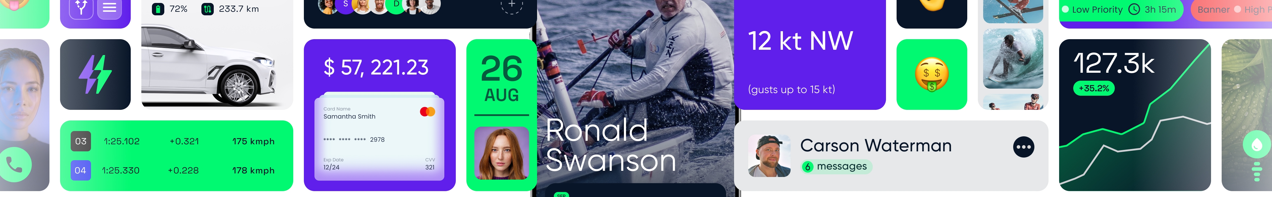 Collage of modern user interface designs showing dashboards, finance stats, weather data, profile cards, and graphs.