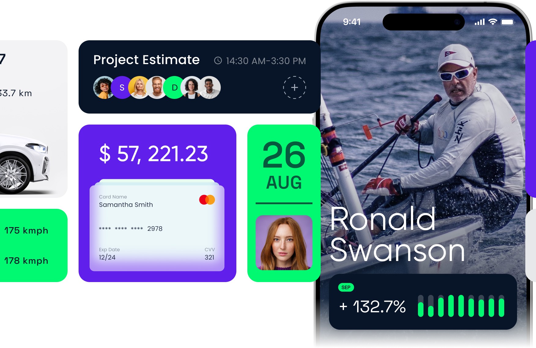 Mobile app and dashboard UI mockups displaying finance stats, calendar date, and a profile card with a man rowing.