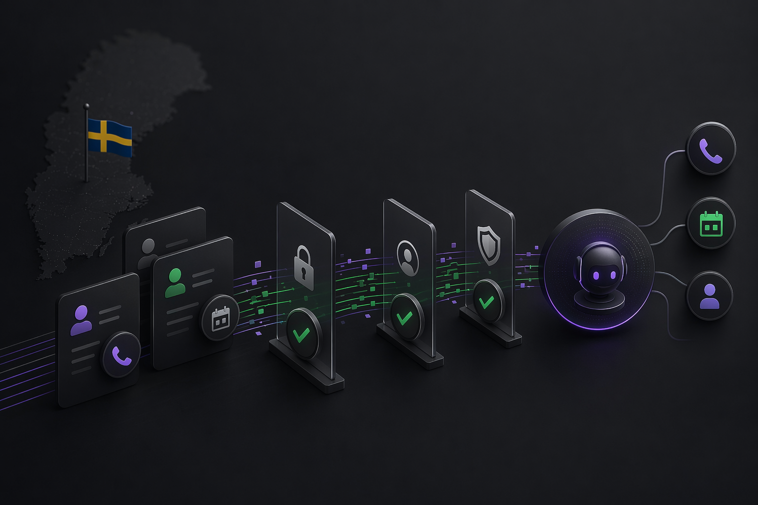 Dark minimalist illustration of customer data, call routing, and booking information passing through guarded checkpoints before reaching an AI agent.
