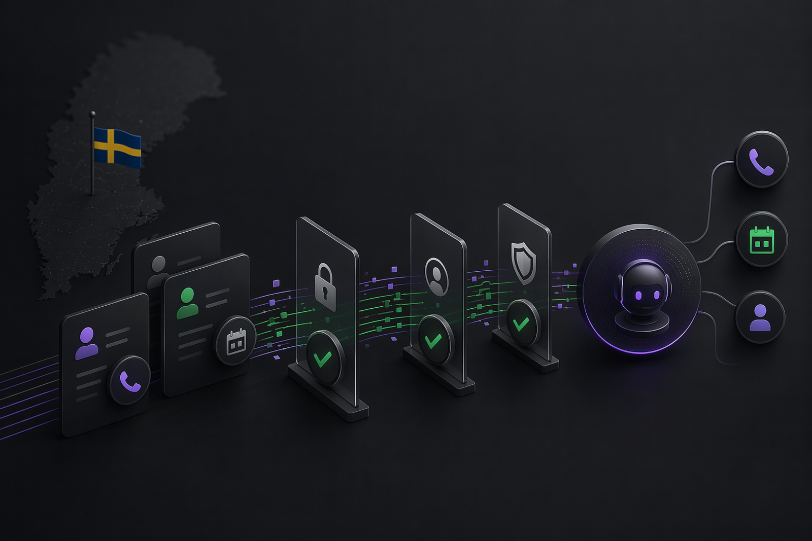 Dark minimalist illustration of customer data, call routing, and booking information passing through guarded checkpoints before reaching an AI agent.
