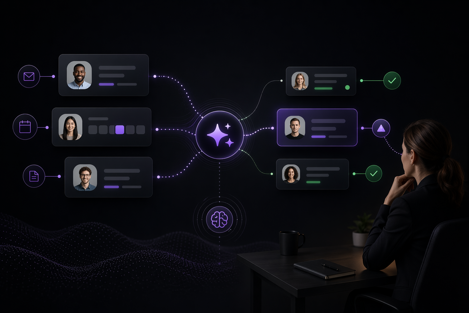 Dark premium recruiting workflow illustration with candidate messages, interview scheduling, and ATS update cards routed through an AI assistant while a human recruiter reviews exceptions.