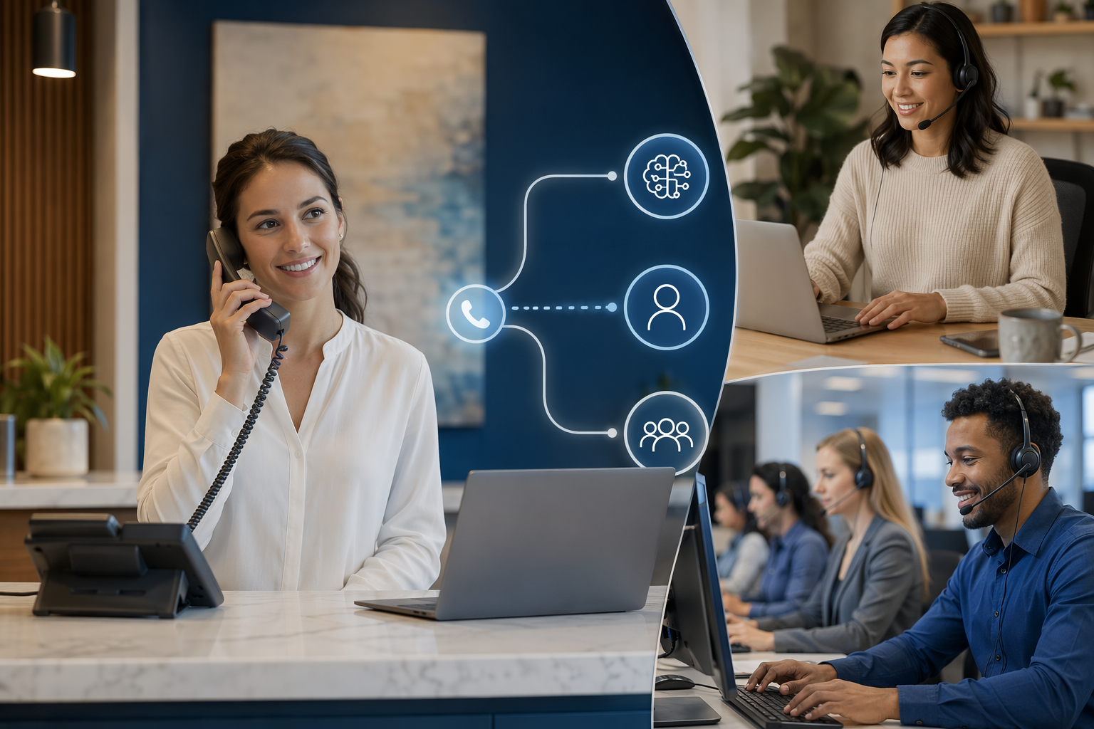 A modern service-business front desk with a phone and laptop, representing AI call routing and customer intake.