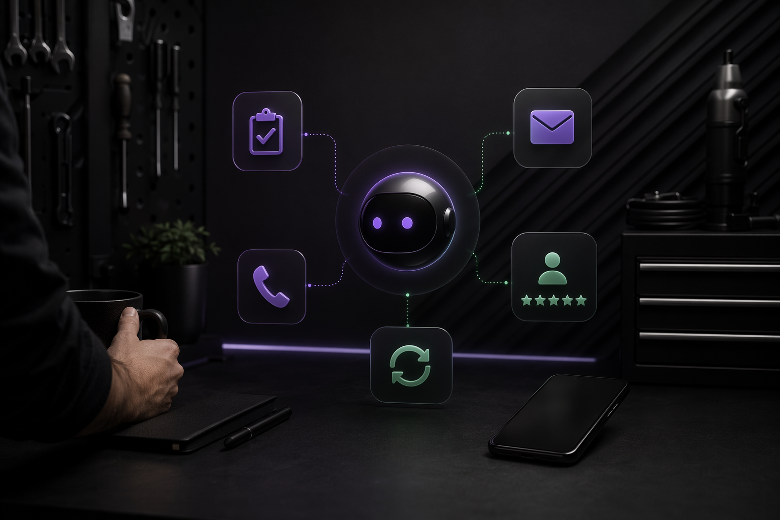 Editorial hero image for Akira Agent article: AI follow-up agents: turn finished jobs into reviews, repeat bookings, and saved customers