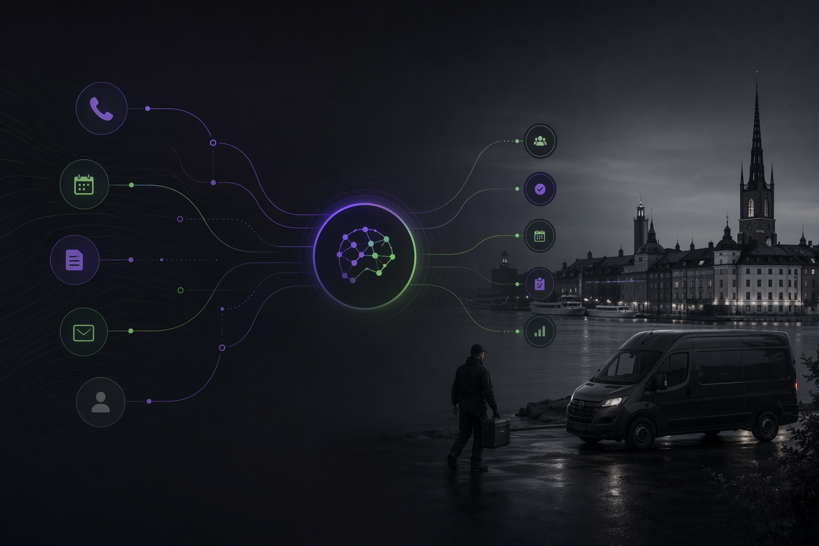 Dark premium illustration of a Stockholm service business workflow map with calls, bookings, and quote requests flowing into a calm AI assistant node.