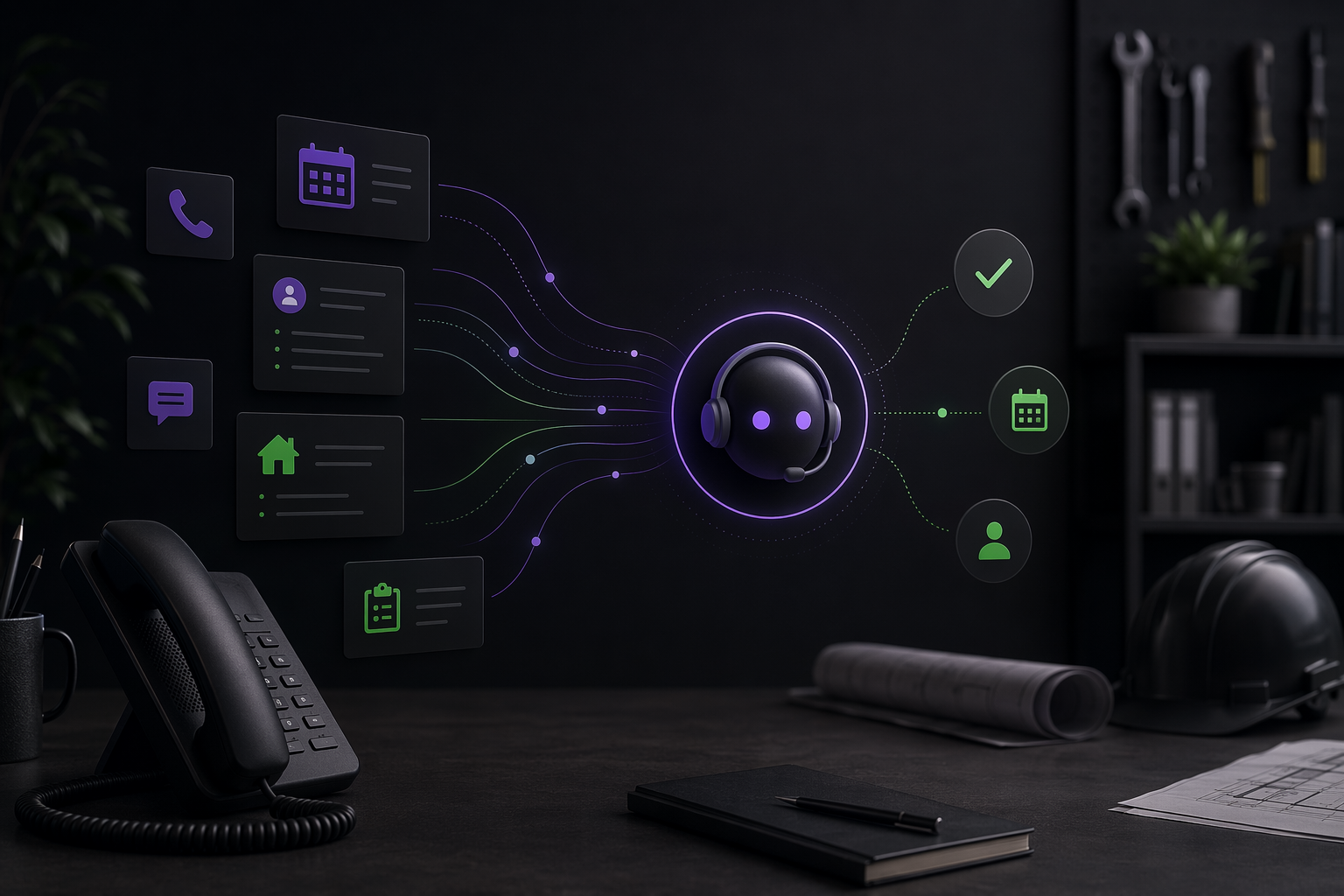 Dark premium service-business illustration of installer calls and quote requests being routed from a phone into a calendar and job checklist through an AI assistant.