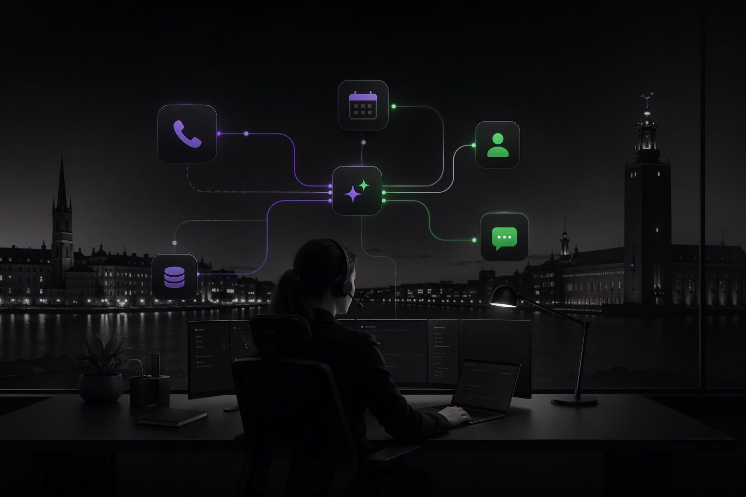 AI workflow connecting phone, calendar, CRM and customer messages for a Swedish service company.