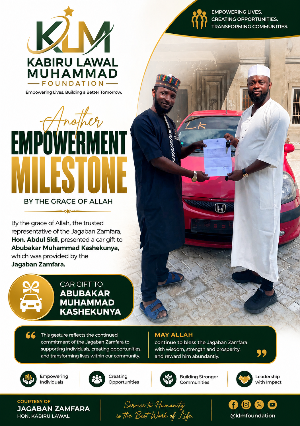 Jagaban Zamfara Gift Car in Continued Commitment to Empowerment