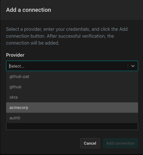 select acmecorp as identity provider