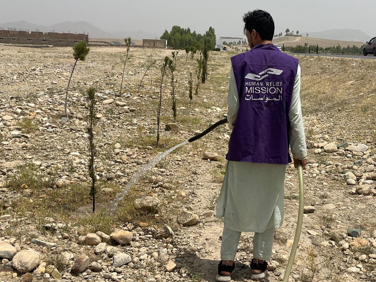 HRM Charity Aid Worker Planting and watering a tree in Afghanistan | Human Relief Mission
