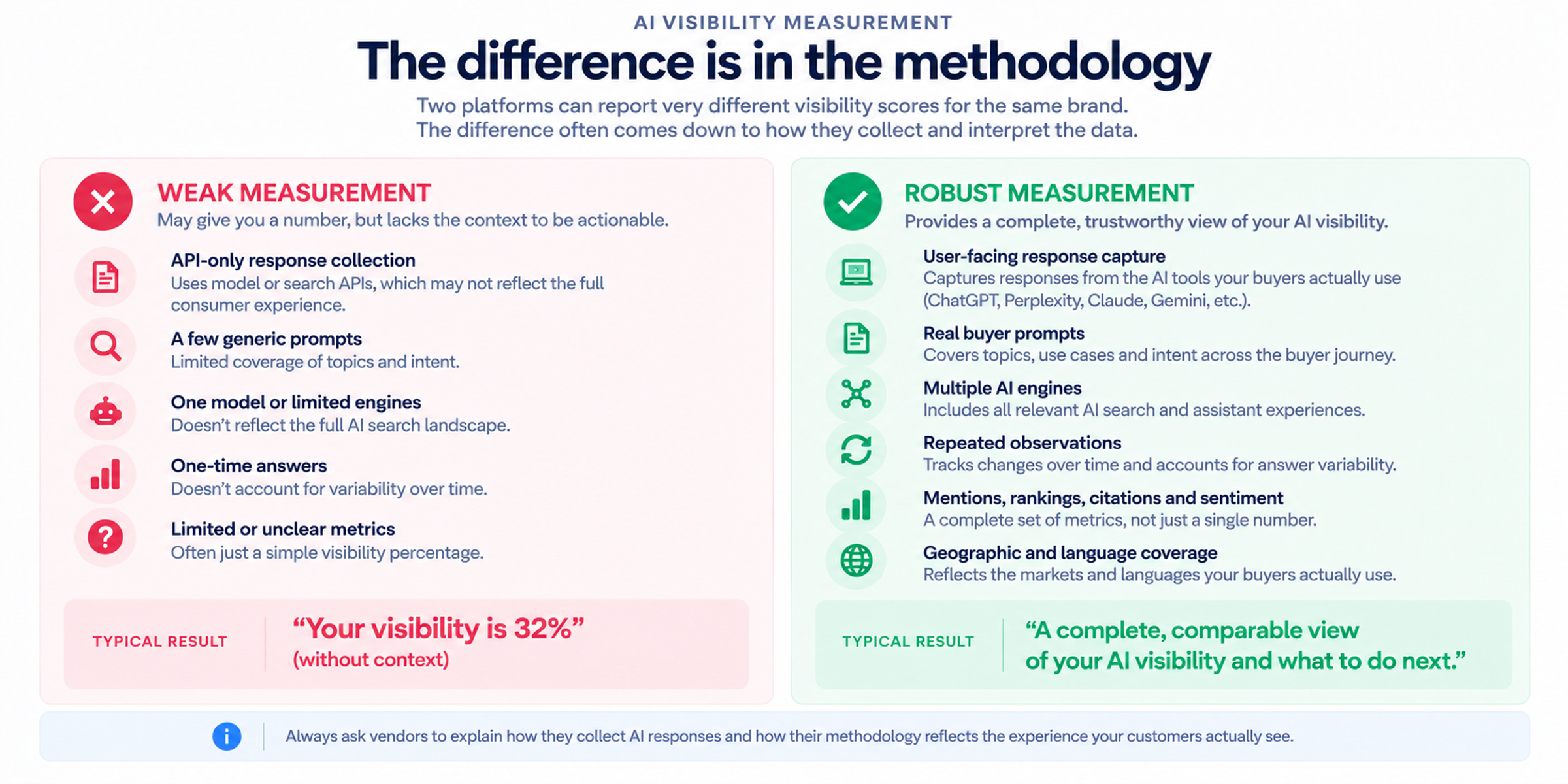 Infographic comparing weak measurement (API-only response collection, a few generic prompts, one model or limited engines, one-time answers, limited or unclear metrics) with robust measurement (user-facing response capture, real buyer prompts, multiple AI engines, repeated observations, a full set of metrics, geographic and language coverage).