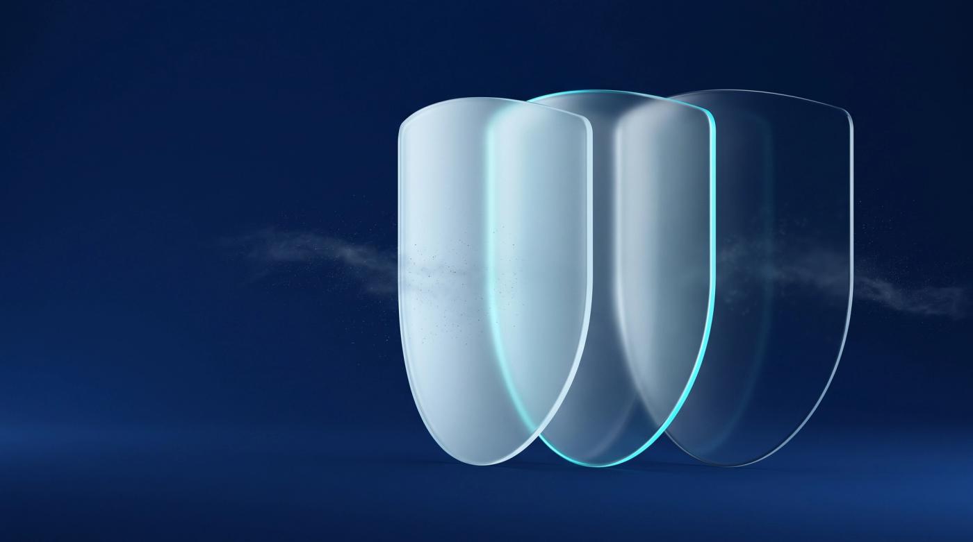 Three overlapping curved glass shields angled to protect from three different directions.