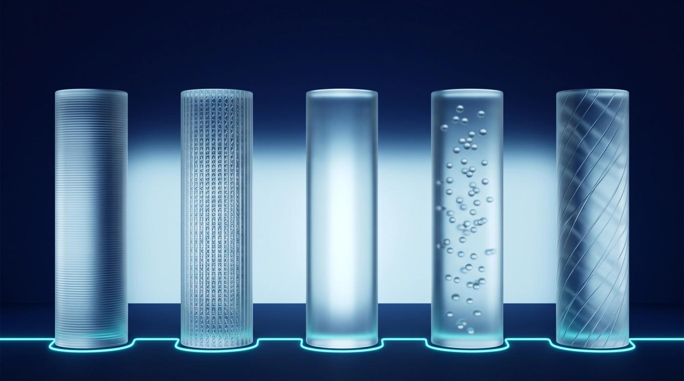 Five glass columns of equal height in a row, each with a different internal texture, joined by a light line at the base.