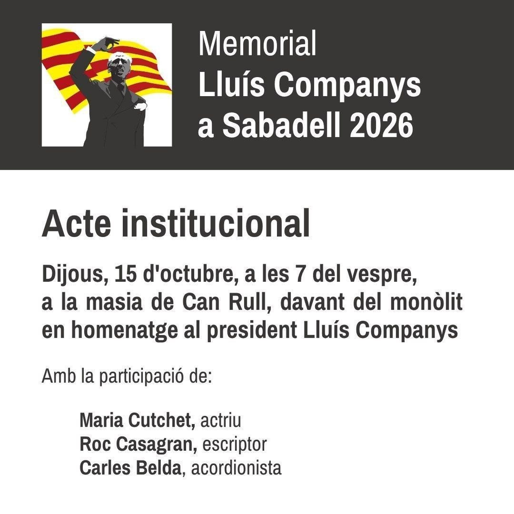 Acte institucional Memorial a Lluís Companys a Sabadell amb amb Maria Cutchet, Roc Casagran i Carles Belda