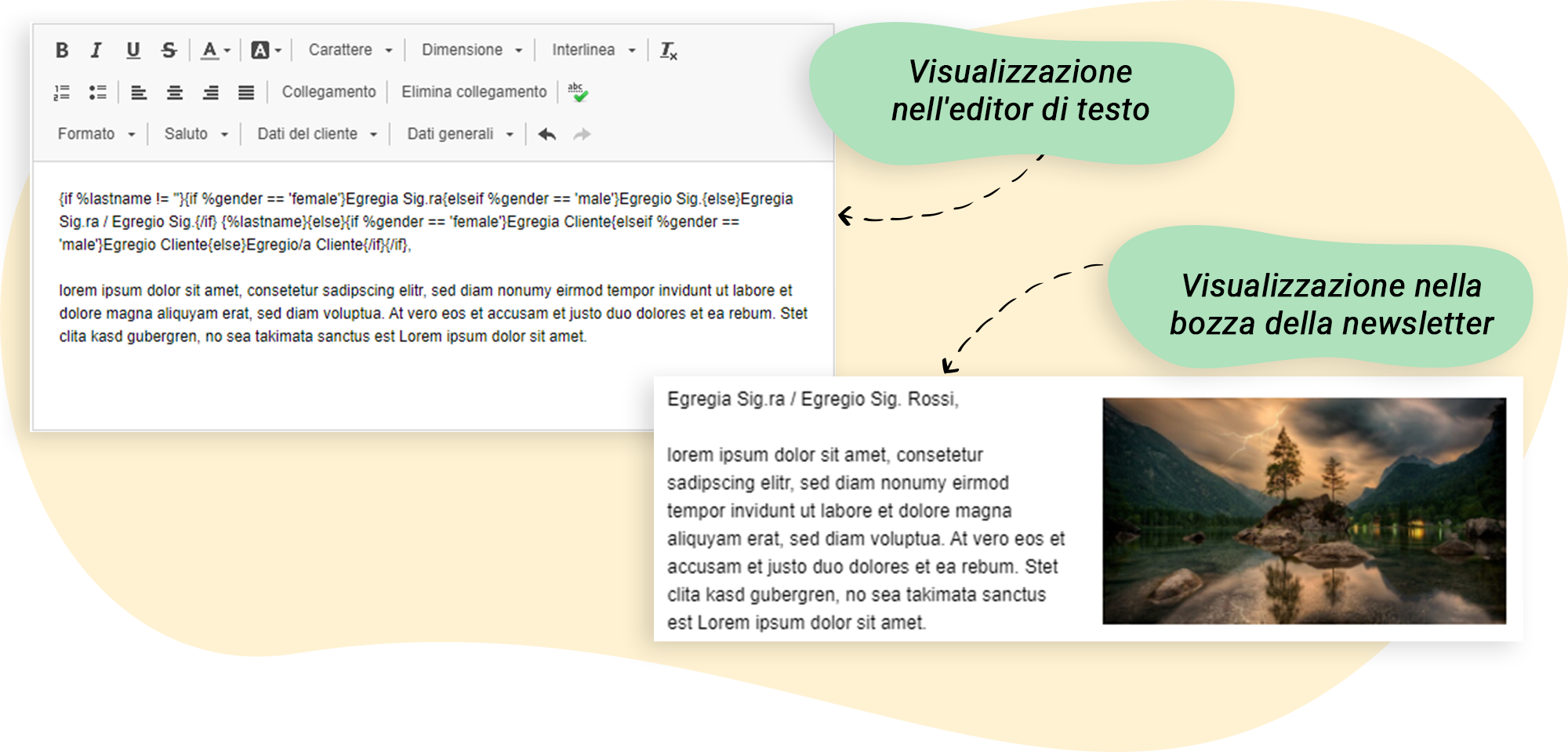 Opzioni di visualizzazione per il saluto personalizzato nella bozza di newsletter di rapidmail