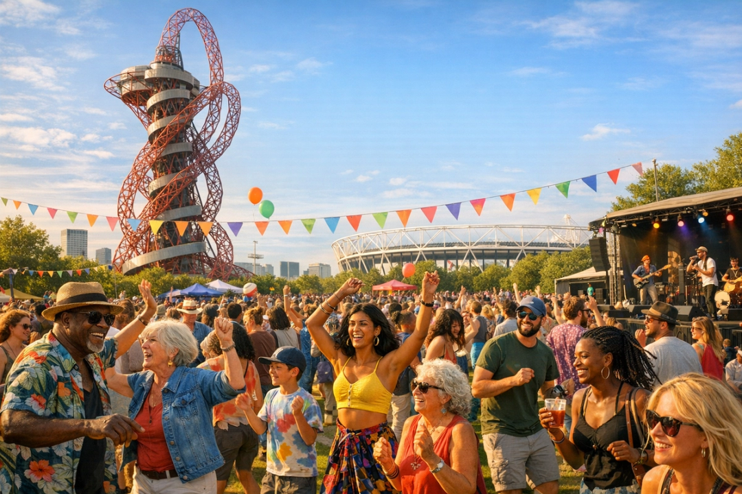 A joyful, diverse crowd enjoying an outdoor summer festival at East Bank, Queen Elizabeth Olympic Park, with people dancing and celebrating together in sunshine.