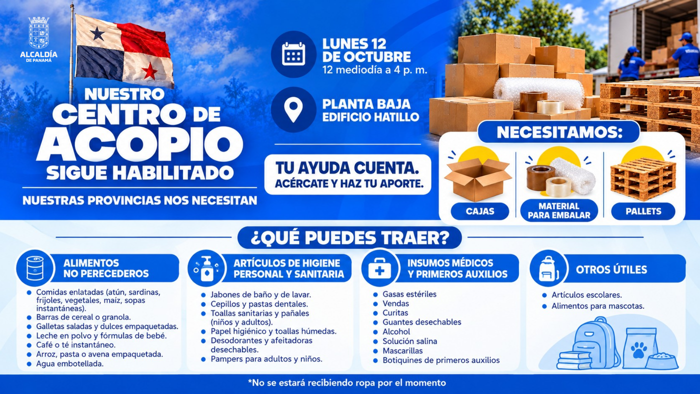 Afiche del centro de acopio de la Alcaldía de Panamá en el Edificio Hatillo
