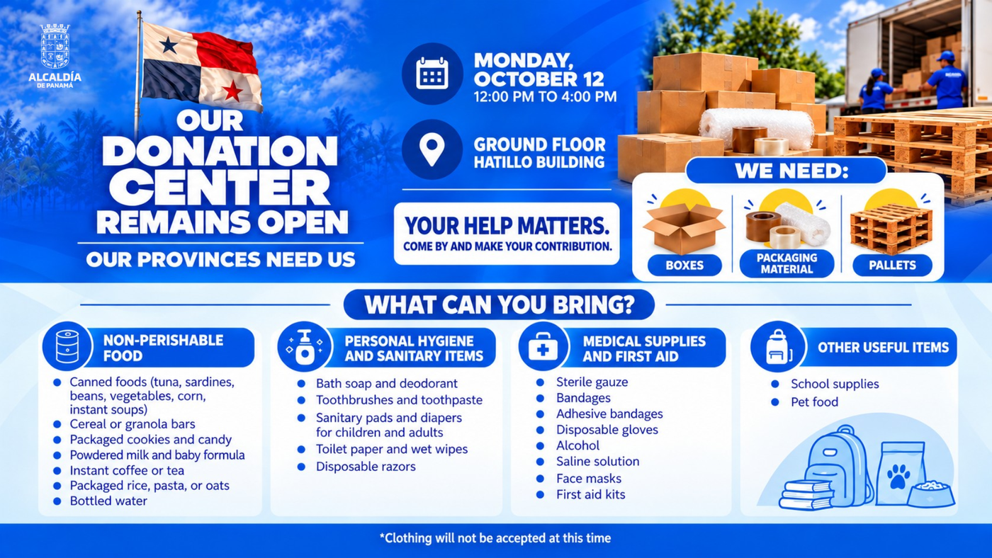Municipality of Panama donation center flyer at Edificio Hatillo