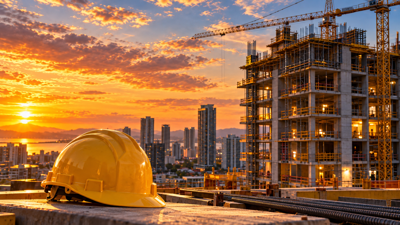 Casco de seguridad frente a un edificio en construcción en Ciudad de Panamá