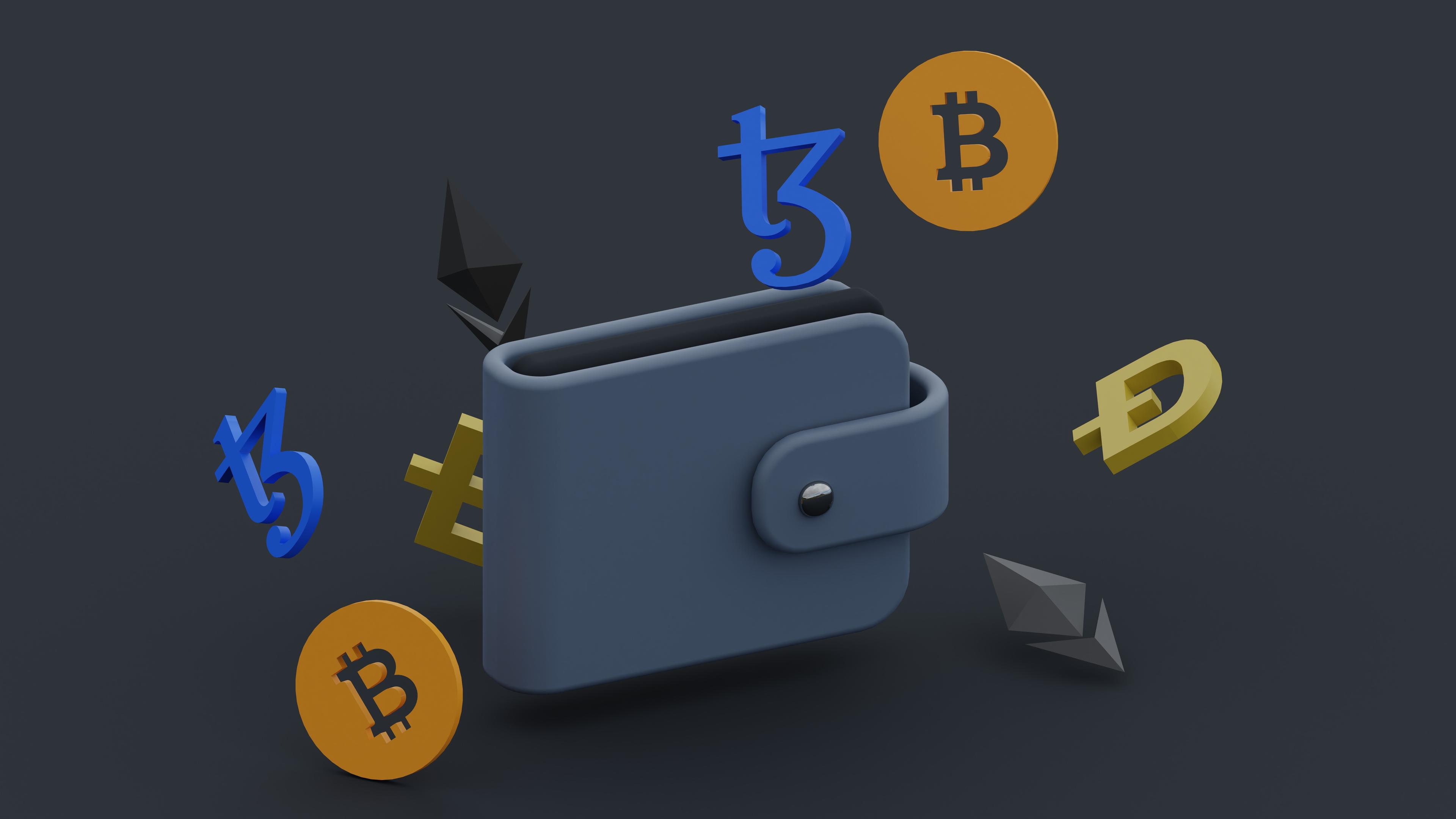 Wallet icon with various cryptocurrencies floating out of it.