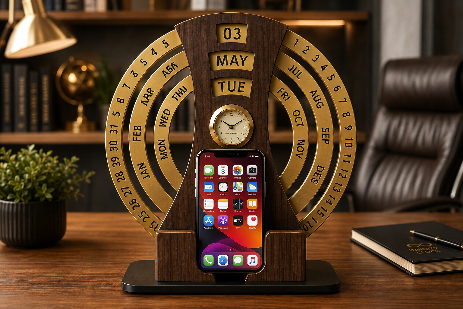 Customized Wooden Desk Organizer — Pen Stand, Clock, Calendar & Mobile Holder