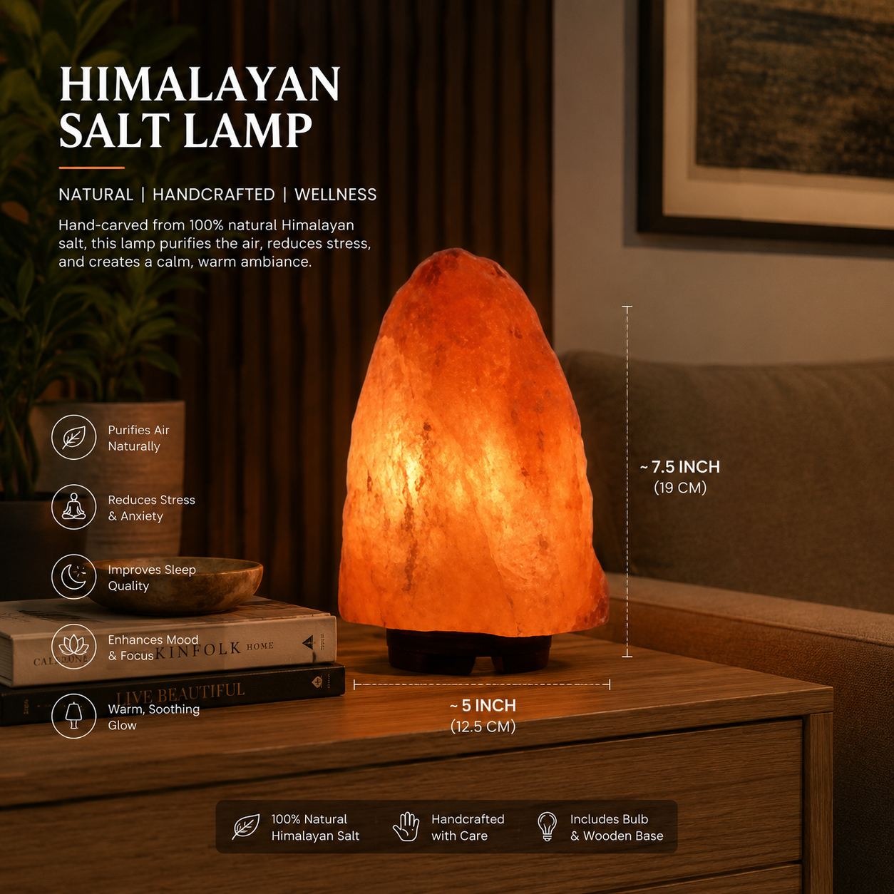 Premium Himalayan Pink Salt Lamp with Wooden Base | 100% Natural Rock Salt Night Lamp