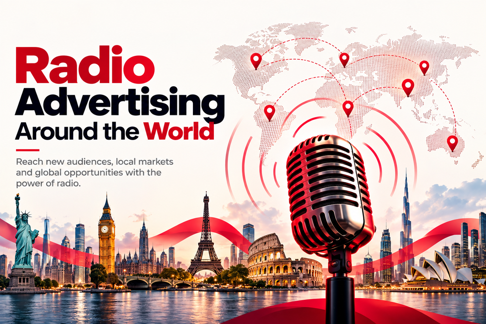 World map connecting radio stations across several countries