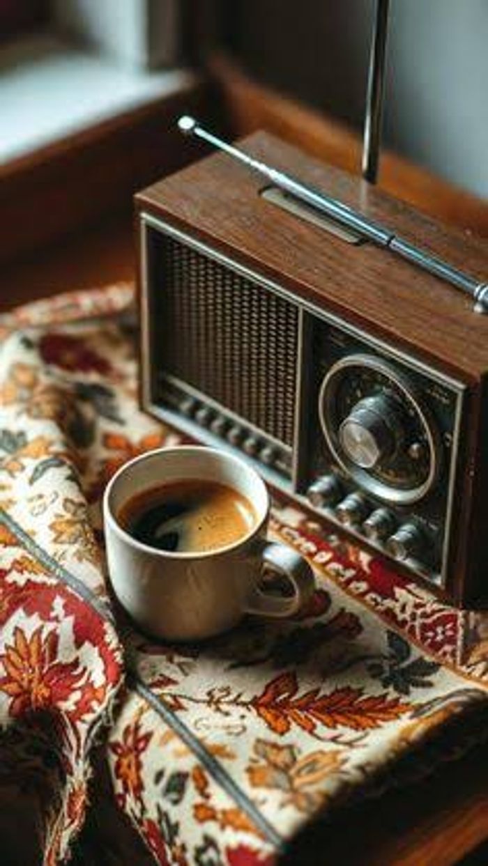 Wooden radio beside a cup of coffee on a patterned tablecloth