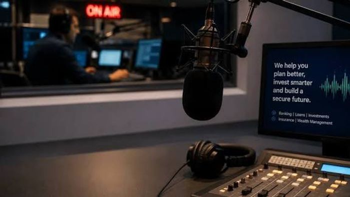 On-air radio studio with a brand advertisement playing on screen
