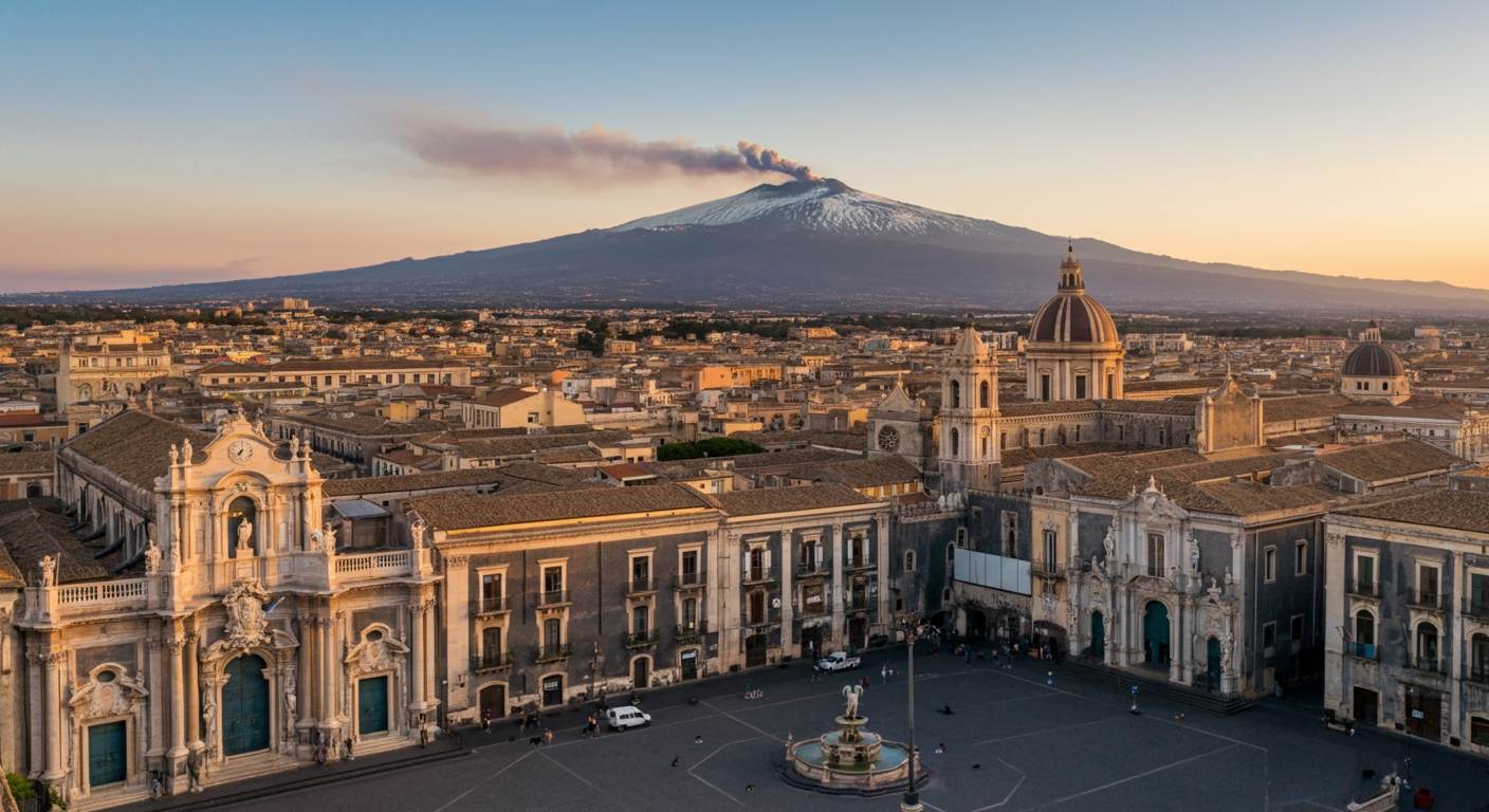 Piazza del Duomo di Catania con la fontana dell'Elefante e l'Etna sullo sfondo