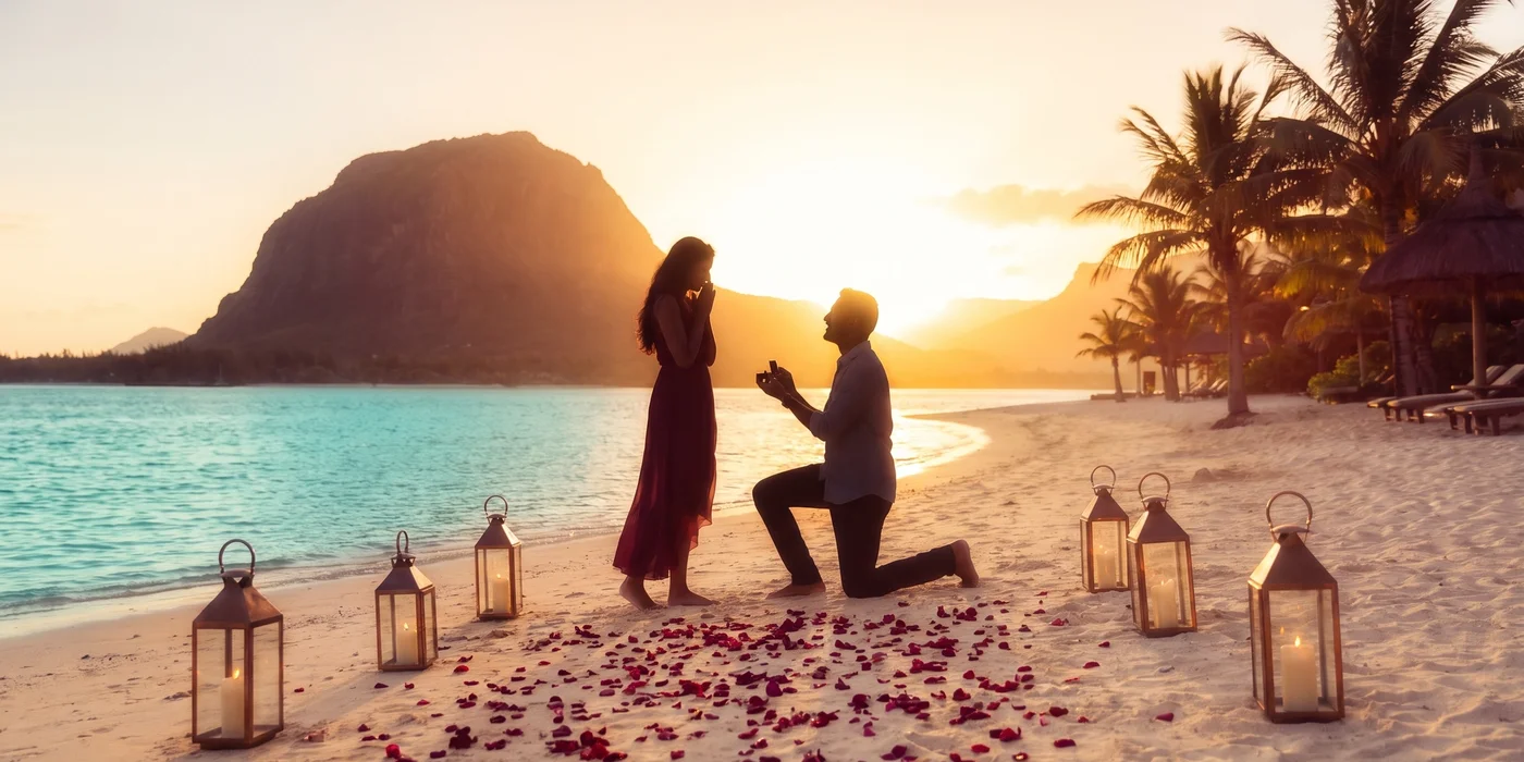 Romantic marriage proposal on a Mauritius beach at sunset
